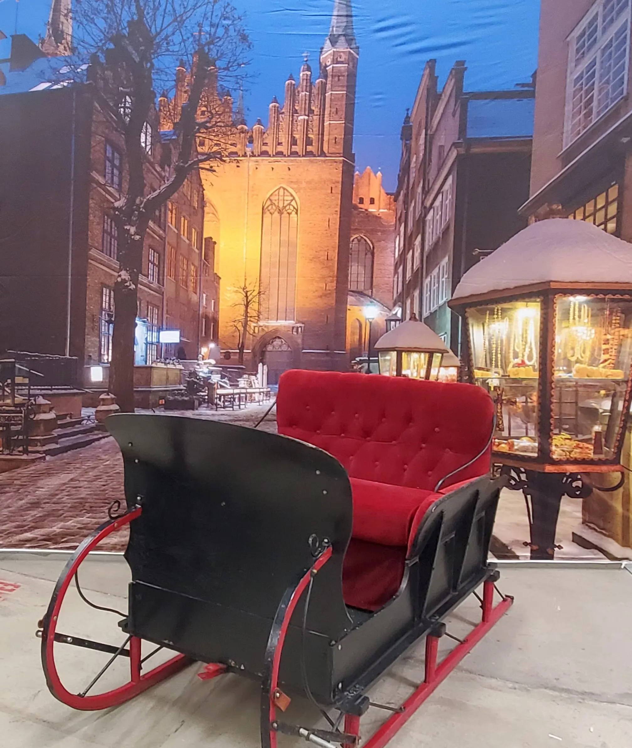 Holiday sleigh themed photo booth set for seasonal celebrations