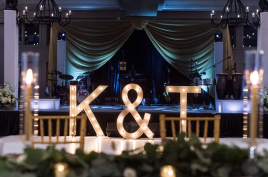 Professional lighting decor installation with air balloon lights and chandeliers for a wedding celebration