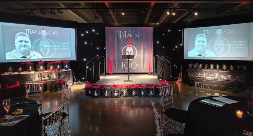 Corporate event lighting services with custom gobo designs and professional lighting setup