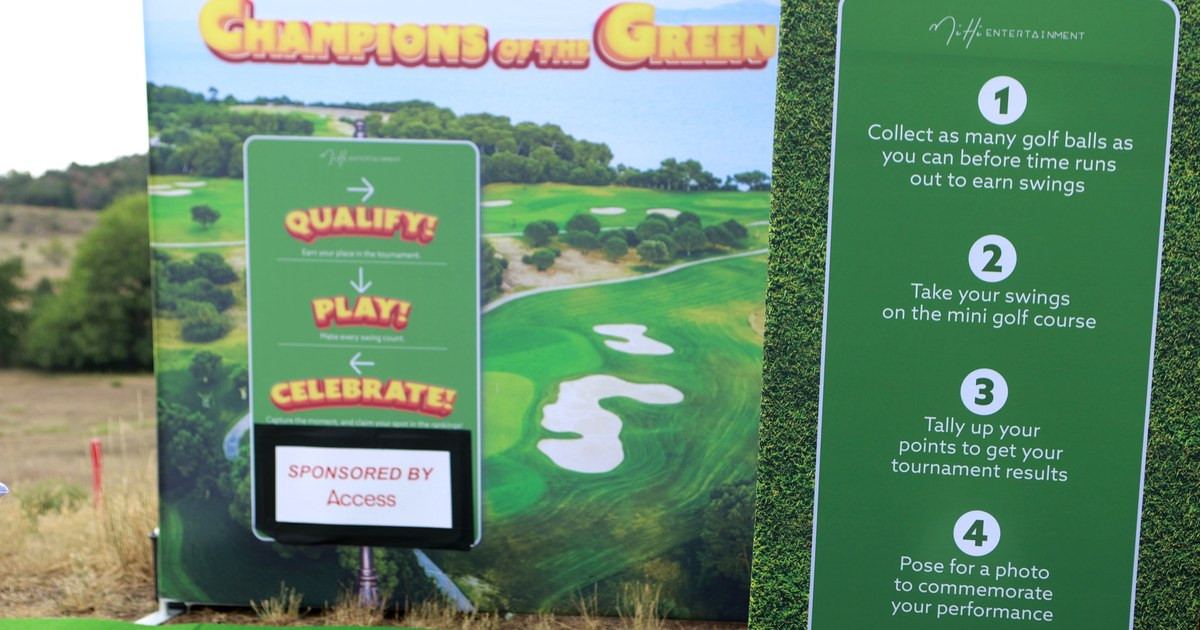 Champions of the Green setup showing Collect Putt Place Become step signage at a Denver golf Multi-Step activation.