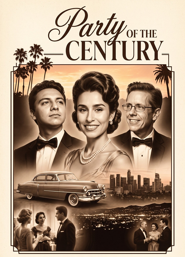 Three guests on an Old Hollywood AI poster titled Party of the Century at the Fairmont Century Plaza anniversary party, with palm trees, a vintage car, and the Los Angeles skyline