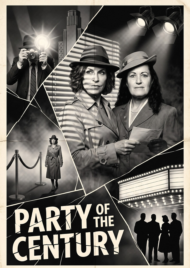 Two guests in a trench coat and fedoras on a black and white film noir AI poster titled Party of the Century