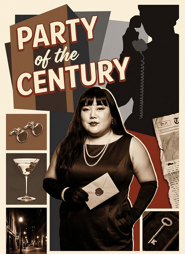 A guest in a black dress and pearls holding a sealed letter on a mid-century color AI poster titled Party of the Century